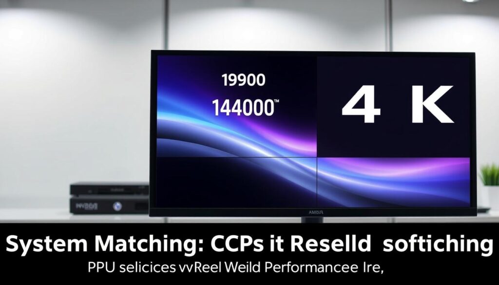 A high-resolution desktop display showing a variety of screen resolutions, including 1080p, 1440p, and 4K. The display is situated in a modern, minimalist office setting with clean lines and neutral tones. Soft, diffused lighting illuminates the screen, highlighting the crisp, detailed text and graphics. The overall composition conveys a sense of technical proficiency and optimization, reflecting the theme of "System Matching: CPUs, Resolutions, and Real‑World Performance".