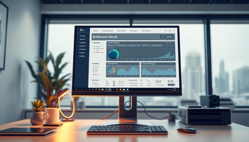 A high-resolution, photorealistic 3D image of a computer desktop with a detailed "Bottleneck Result" display on the screen. The display shows various performance metrics and visualizations, with clear indicators of system bottlenecks. The desktop is well-lit, with a warm and professional atmosphere. The camera angle is slightly elevated, showcasing the display in the foreground, with the computer tower and other peripherals visible in the middle ground. The background features a clean, minimal office setting with subtle details like a plant, desk accessories, and a window overlooking a cityscape.
