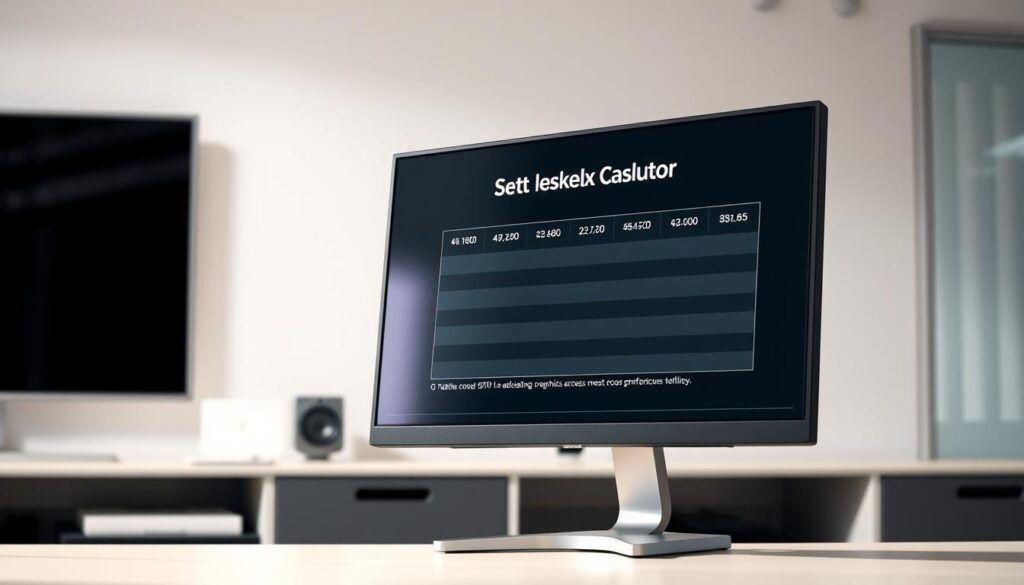 A highly detailed, photorealistic image of a computer monitor displaying a "4070 Ti Bottleneck Calculator" interface. The monitor is positioned in a clean, well-lit office setting, with a sleek, modern aesthetic. The screen shows a comparison of graphics card performance across different resolutions, presented in a clear and informative manner. The monitor is slightly angled, capturing the display at a natural, eye-level perspective. Soft, directional lighting illuminates the scene, creating subtle shadows and highlights that enhance the depth and realism of the image. The overall mood is professional, focused, and tailored to the subject matter of the article.