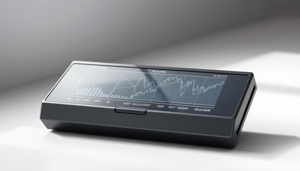 A highly detailed, photorealistic image of a sleek, modern "bottleneck calculator" device, set against a clean, minimalist background. The calculator is meticulously rendered, with a matte black or dark grey metallic casing, featuring sharp edges, precise lines, and a smooth, tactile surface. The device's display shows a complex graph or chart, visualizing the intricate calculations and performance analysis of a high-end graphics card. Soft, diffused lighting illuminates the scene, casting subtle shadows and highlights that enhance the technical, scientific atmosphere. The overall composition conveys a sense of precision, accuracy, and responsible guidance, perfectly suited to illustrate the section on the technical details of a GPU bottleneck calculator.