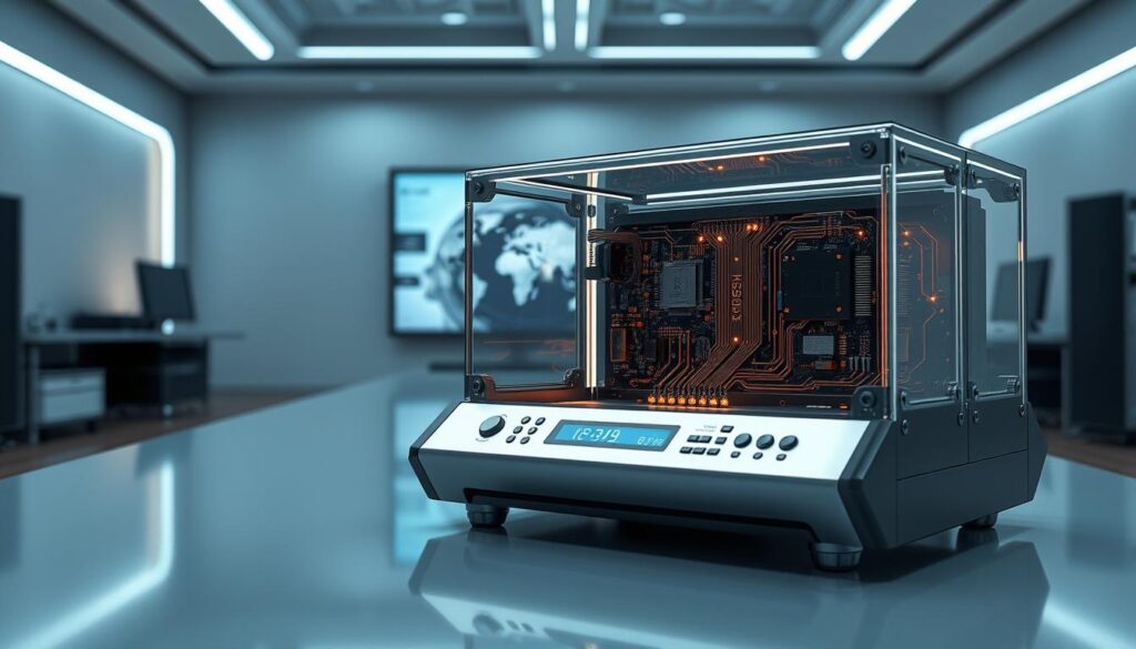 A highly detailed, photorealistic image of a sleek, modern "bottleneck calculator" device. The foreground features the calculator itself, rendered with precise metallic and glass materials, displaying technical readouts and measurements. The middle ground showcases the device's intricate internal components, visible through a transparent casing, with glowing circuit boards and intricate wiring. The background depicts a minimalist, futuristic office setting, with clean lines, subtle ambient lighting, and a hint of a large display screen or monitor in the distance, creating a sense of purpose and functionality. The overall scene conveys a high-tech, professional, and visually striking aesthetic, perfectly suited to illustrate the "RX 7900 XT Bottleneck Calculator" section of the article.