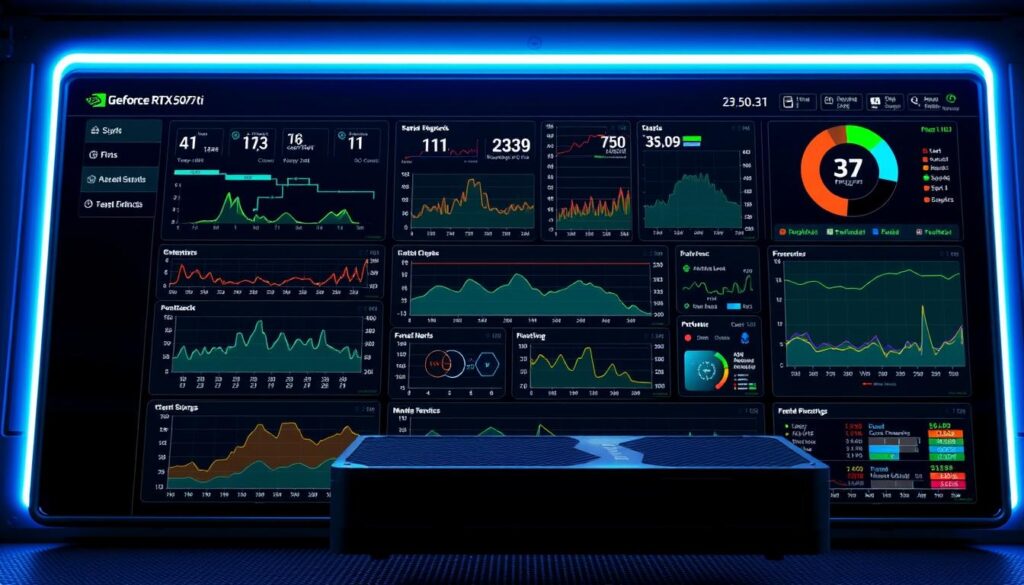 A highly detailed, ultra-realistic 3D rendering of a complex bottleneck analysis dashboard, showcasing a GeForce RTX 5070 Ti GPU. The dashboard features various performance metrics, graphs, and visualizations against a sleek, high-tech interface. The scene is lit by a cool, blue-tinted lighting that creates a professional, technical atmosphere. The camera angle is slightly elevated, providing an overview of the dashboard's many components. The composition emphasizes the analytical nature of the tool, with a focus on presenting data-driven insights about the GPU's performance limits and potential bottlenecks within the system.