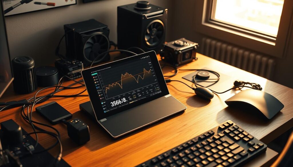 A meticulously crafted desk setup, featuring a sleek and modern bottleneck calculator placed prominently on a wooden surface. The device's screen displays intricate graphs and data, casting a soft, ambient glow across the scene. Surrounding the calculator, various tech accessories like cables, cooling fans, and a keyboard create a sense of a dedicated workspace for performance analysis. Warm, directional lighting from a large window illuminates the setup, casting dynamic shadows and highlights that enhance the technical, analytical atmosphere. The overall composition emphasizes the centrality and importance of the bottleneck calculator, suggesting its role in optimizing system performance and guiding informed hardware upgrades.
