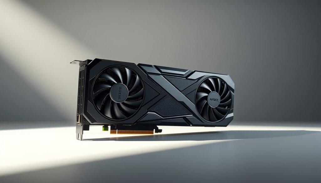 A meticulously crafted, high-resolution image of a NVIDIA GeForce RTX 4090 graphics card, shot in a professional studio setting. The card is positioned prominently in the foreground, its sleek, angular design and distinctive Ampere architecture rendered in crisp detail. Soft, directional lighting accentuates the card's intricate heatsink and cooling solution, casting dramatic shadows that add depth and dimension. The background is a clean, minimalist setup, allowing the GPU to be the sole focus of attention. The overall mood is one of precision, power, and technological innovation, befitting the flagship status of the RTX 4090.
