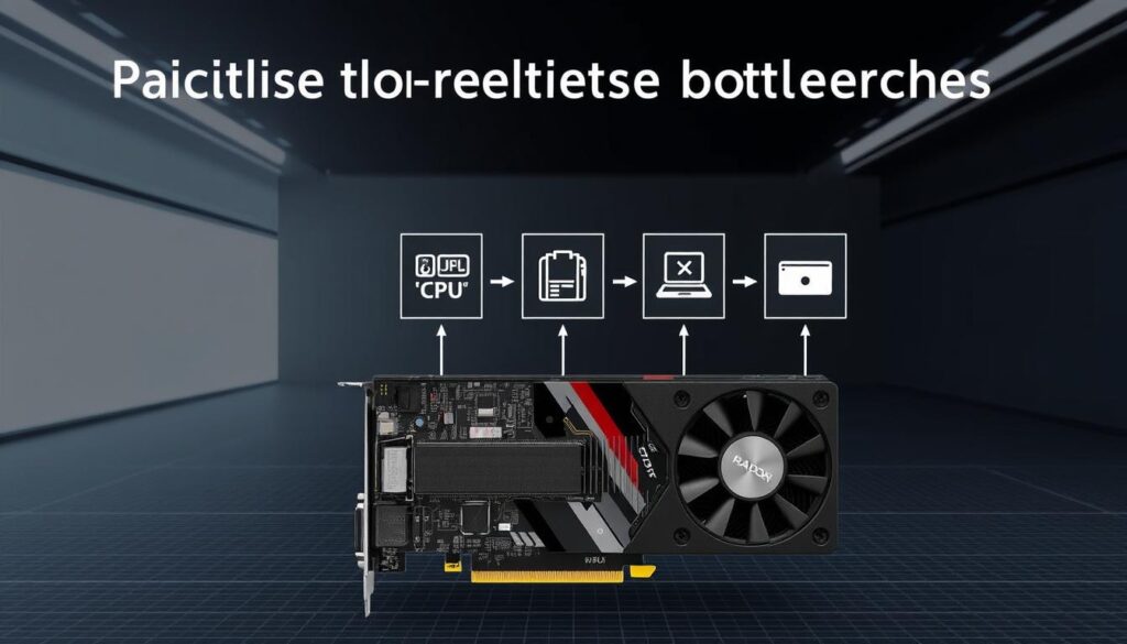 A meticulously crafted schematic diagram depicting practical tips to reduce bottlenecks in a Radeon RX 580 graphics card. The foreground showcases a detailed GPU core, with components such as the memory interface, power circuitry, and cooling solution highlighted. The middle ground features labeled icons representing potential bottlenecks, such as CPU, RAM, and storage, along with arrows indicating optimization points. The background displays a sleek, technical environment with a subtle grid pattern, conveying a sense of order and precision. The overall aesthetic is clean, minimalist, and informative, with a focus on illustrating effective ways to unlock the full potential of the Radeon RX 580 GPU.