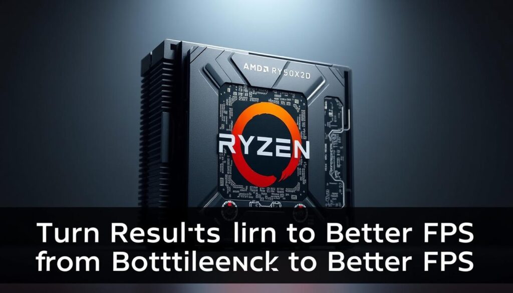 A meticulously detailed, high-resolution render of the AMD Ryzen 7950X3D processor, set against a sleek, minimalist backdrop. The CPU's intricate heatsink and cooling system are prominently featured, showcasing its advanced thermal management capabilities. Subtle ambient lighting illuminates the processor's intricate circuitry, casting dramatic shadows that accentuate its powerful, angular design. The composition emphasizes the CPU's technical prowess, hinting at its ability to deliver exceptional performance and overcome potential system bottlenecks. An atmosphere of precision, innovation, and technological superiority permeates the scene, aligning with the "Turn Results into Action: From Bottleneck to Better FPS" section title.
