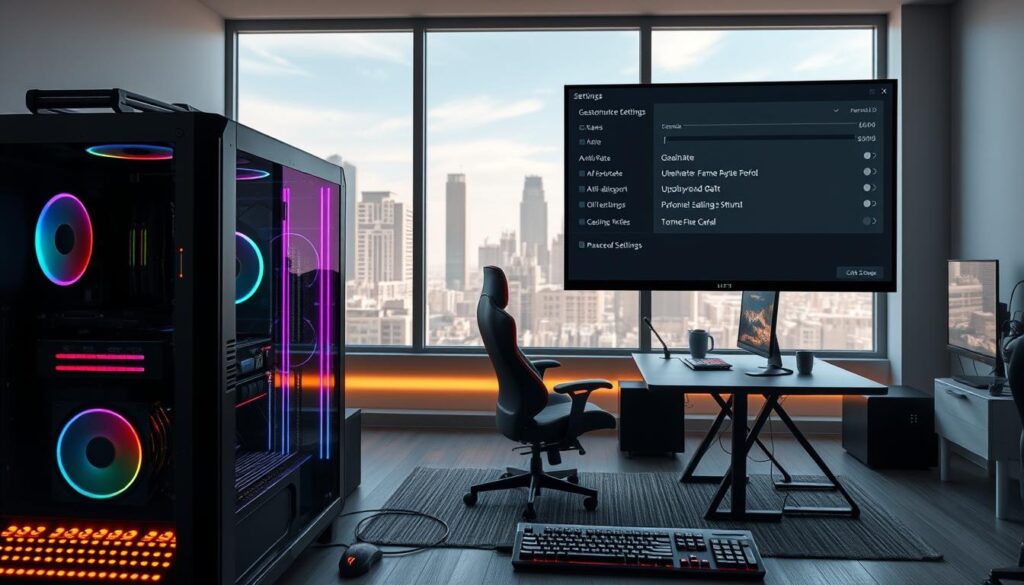 A meticulously detailed scene of a gaming setup showcasing various performance optimization settings. In the foreground, a sleek, high-end gaming PC with customizable RGB lighting and state-of-the-art hardware components. On the monitor, a settings menu displays granular options for resolution, frame rate, anti-aliasing, and other advanced graphics settings. In the middle ground, an ergonomic gaming chair and desk, with a gaming mouse, keyboard, and other peripherals neatly arranged. The background features a minimalist, modern home office setting, with large windows flooding the space with natural light and a cityscape visible outside. The overall atmosphere is one of precision, control, and the pursuit of optimal gaming performance.
