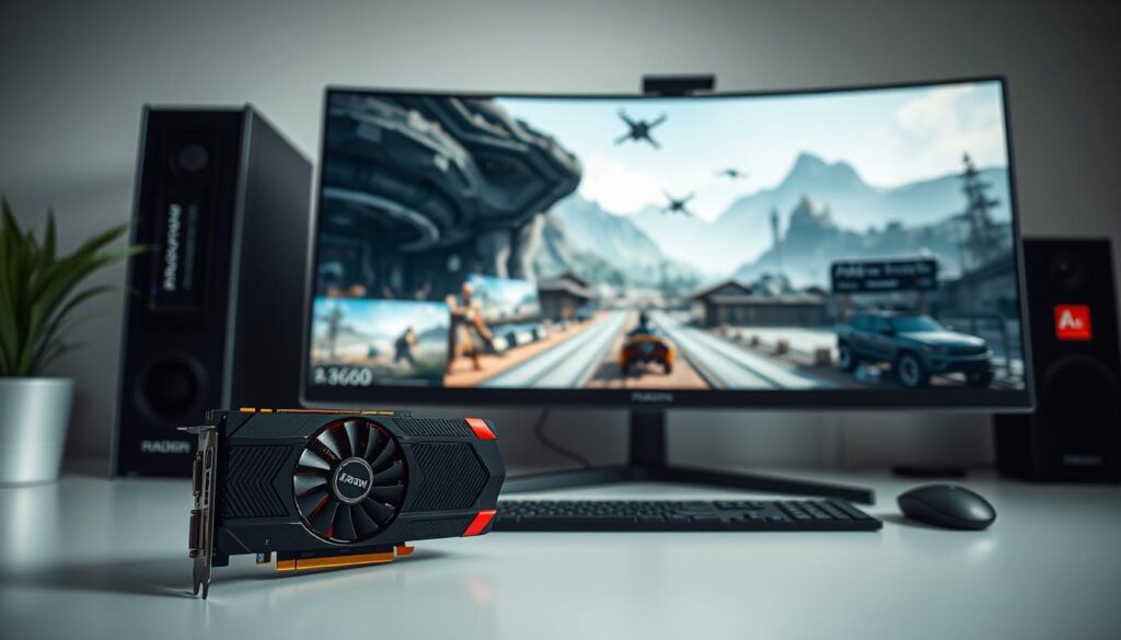 A modern gaming desktop setup with a Radeon RX 6600 GPU, showcasing the impact of resolution on performance. The GPU sits prominently in the foreground, surrounded by a clean, minimalist workspace. In the background, a large, high-resolution monitor displays a variety of gaming scenes, ranging from 1920x1080 to 3840x2160 and ultrawide resolutions. The lighting is soft and natural, highlighting the sleek design of the components. The overall atmosphere conveys a sense of balance between power, efficiency, and visual fidelity, reflecting the nuanced relationship between GPU and resolution.