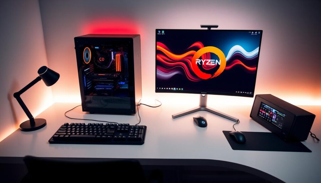 A modern, sleek workstation setup with a high-end gaming PC and professional-grade peripherals. The centerpiece is a powerful Ryzen 7 7700X CPU, showcased against a minimalist white desk, complemented by a large 1440p display, a high-DPI mouse, and a mechanical keyboard with RGB backlighting. Indirect lighting casts a warm, productivity-focused glow, creating an atmosphere of focused optimization. The scene conveys the idea of maximizing performance and streamlining workflows without the need for a complete system overhaul.