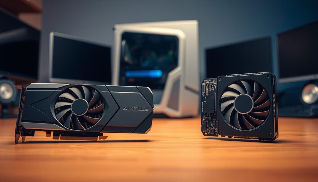 A professional setup featuring a balanced GPU and CPU combo, illuminated by a warm, focused light. In the foreground, a powerful graphics card and a high-performance CPU are positioned side-by-side, indicating an optimal configuration for smooth, lag-free gaming and content creation. The middle ground showcases a sleek, minimalist PC case, while the background subtly suggests a workspace or gaming setup, creating a sense of cohesion and purpose. The overall scene conveys a sense of harmony, efficiency, and the potential for seamless performance upgrades.