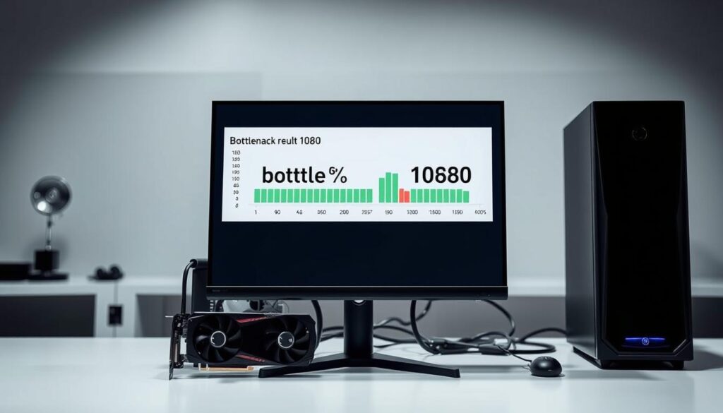 A sleek and minimalistic image showcasing a "bottleneck result 1080" in a clean, professional setting. The foreground features a modern desktop setup with a high-end gaming PC and a large, high-resolution monitor displaying the bottleneck result in a clear, easy-to-interpret format. The middle ground includes various technical components, such as a powerful GPU and a state-of-the-art CPU, hinting at the hardware responsible for the performance analysis. The background is a neutral, slightly blurred workspace, emphasizing the focus on the technical details. The lighting is soft and indirect, creating a calm, analytical atmosphere. The overall composition and styling convey a sense of precision, functionality, and visual clarity, perfectly suited for an article on interpreting bottleneck percentages and constraints.