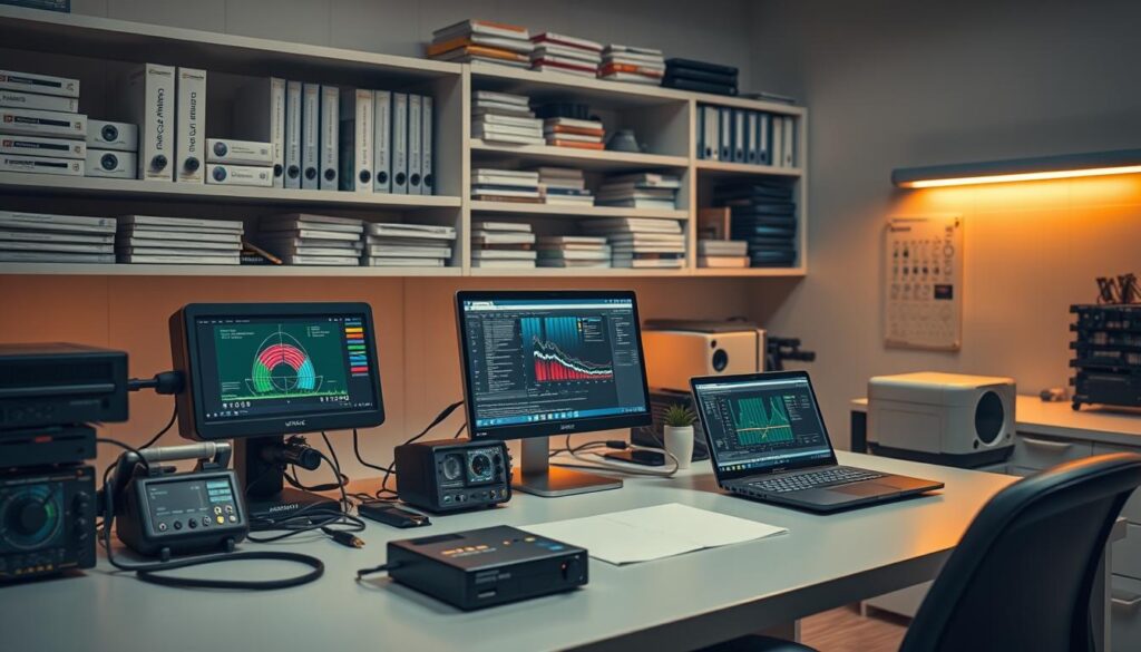 A sleek and modern laboratory setting, with a well-organized desk featuring various measurement devices, diagnostic tools, and a laptop displaying complex data visualizations. In the background, shelves hold a range of technical manuals, reference materials, and software packages. Warm, directional lighting casts a focused glow, highlighting the precision and attention to detail required for performance benchmarking. The scene conveys a sense of analytical rigor, technological sophistication, and a methodical approach to optimizing system components like the RTX 3060 Ti GPU.