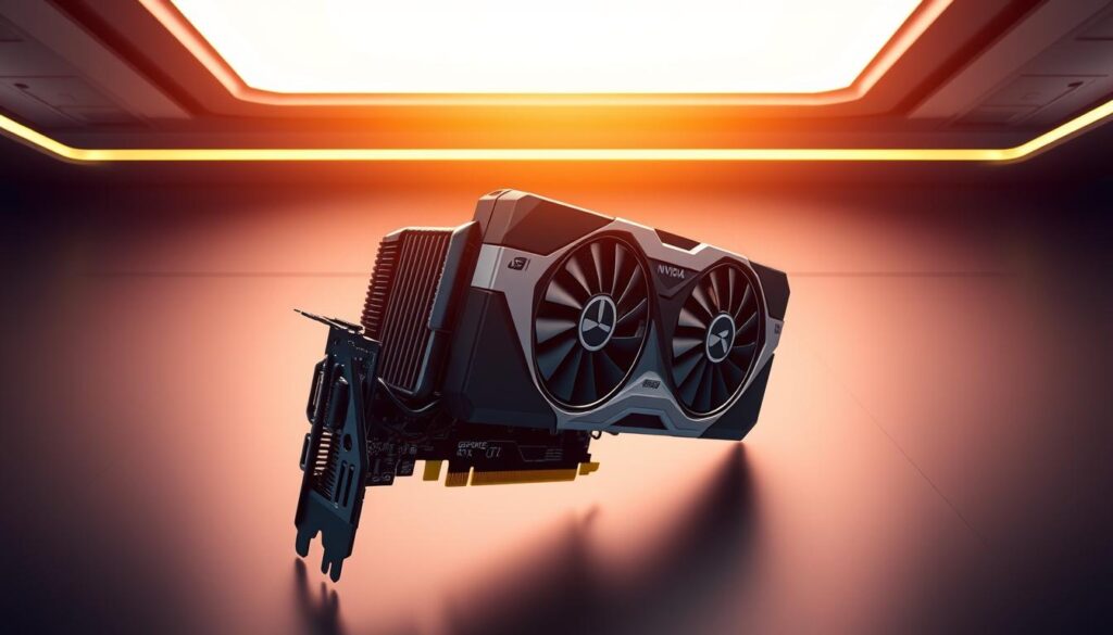 A sleek, futuristic NVIDIA GeForce RTX 5070 graphics card, illuminated by a warm, ambient light. The card's intricate heatsink and fans are prominently displayed, showcasing its advanced cooling system. In the background, a subtle, high-tech environment with clean lines and muted tones creates a sense of technological sophistication. The card is positioned at a dynamic angle, emphasizing its power and performance. The lighting casts dramatic shadows, accentuating the card's sculpted design and highlighting its cutting-edge features. The overall atmosphere conveys a sense of cutting-edge innovation, hinting at the potential of this new graphics solution.