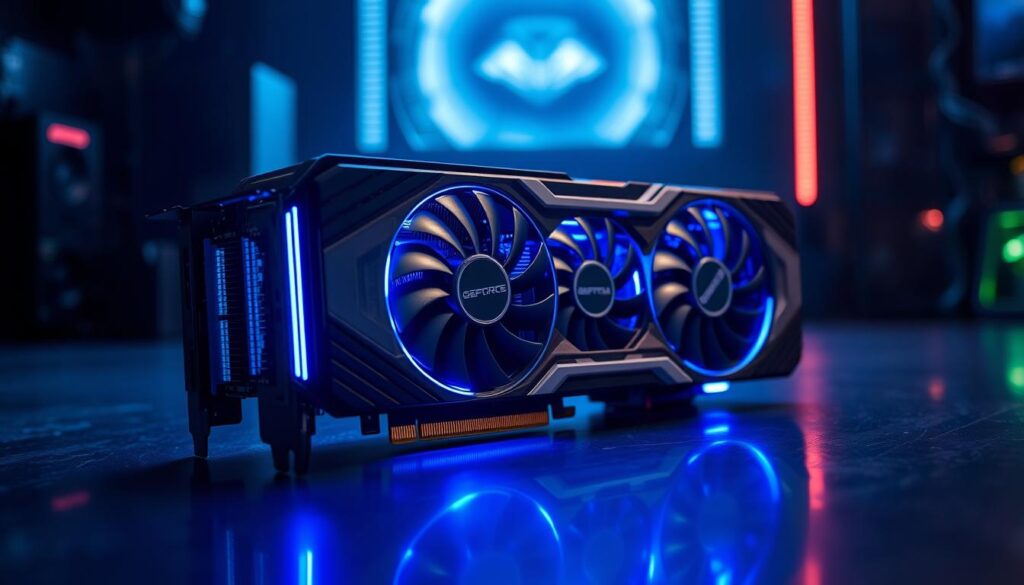 A sleek, futuristic NVIDIA GeForce RTX graphics card, illuminated by cool blue lighting, resting on a reflective surface. The card's intricate heatsink and fans are visible, showcasing its advanced cooling solution. The background is a dimly lit, high-tech environment, hinting at the card's powerful performance capabilities. The overall scene conveys a sense of technological sophistication and the cutting edge of GPU technology, perfect for pairing with a high-end Ryzen 7 7700X processor to maximize PC performance.