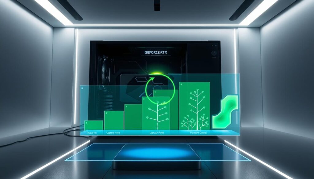A sleek, futuristic desktop setup with a central GeForce RTX graphics card serving as the focal point. The card is surrounded by a halo of glowing energy, symbolizing its cutting-edge performance. In the foreground, a holographic display projects various upgrade paths, each with its own unique visual representation - a stepped progression, a branching tree, or a fluid, dynamic visualization. The background features a minimalist, high-tech environment with clean lines, subdued lighting, and a sense of technological advancement. The overall composition conveys a sense of power, efficiency, and the endless possibilities for optimizing and upgrading one's gaming setup.