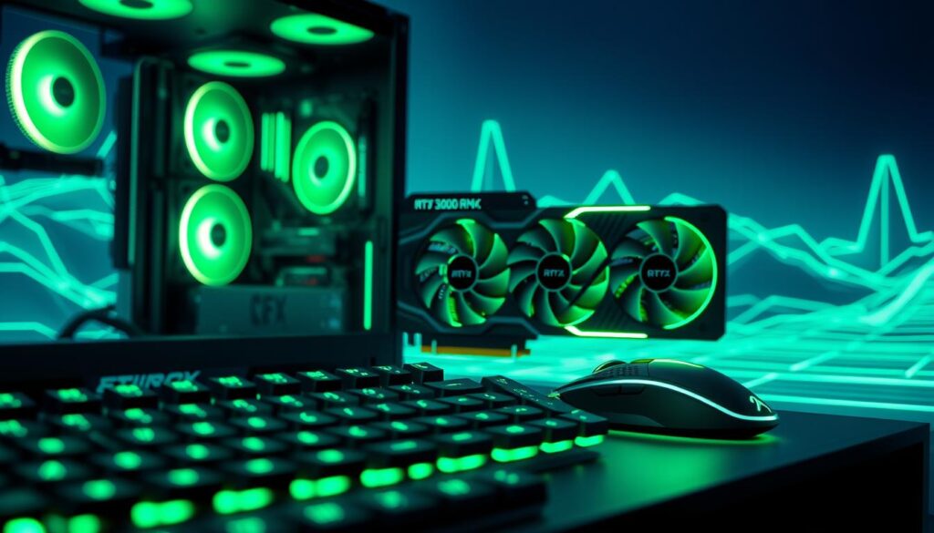 A sleek, high-performance desktop computer with a vibrant green-tinted RGB gaming keyboard and mouse in the foreground, illuminating the scene with a soft, cool glow. In the middle ground, a high-end RTX 3060 graphics card is prominently displayed, its intricate heatsinks and fans capturing the viewer's attention. The background features a futuristic, techno-inspired landscape with a grid-like pattern, conveying the advanced nature of the hardware. The overall atmosphere is one of power, precision, and the thrill of PC gaming, perfectly capturing the essence of the RTX 3060 bottleneck calculator and its capabilities.