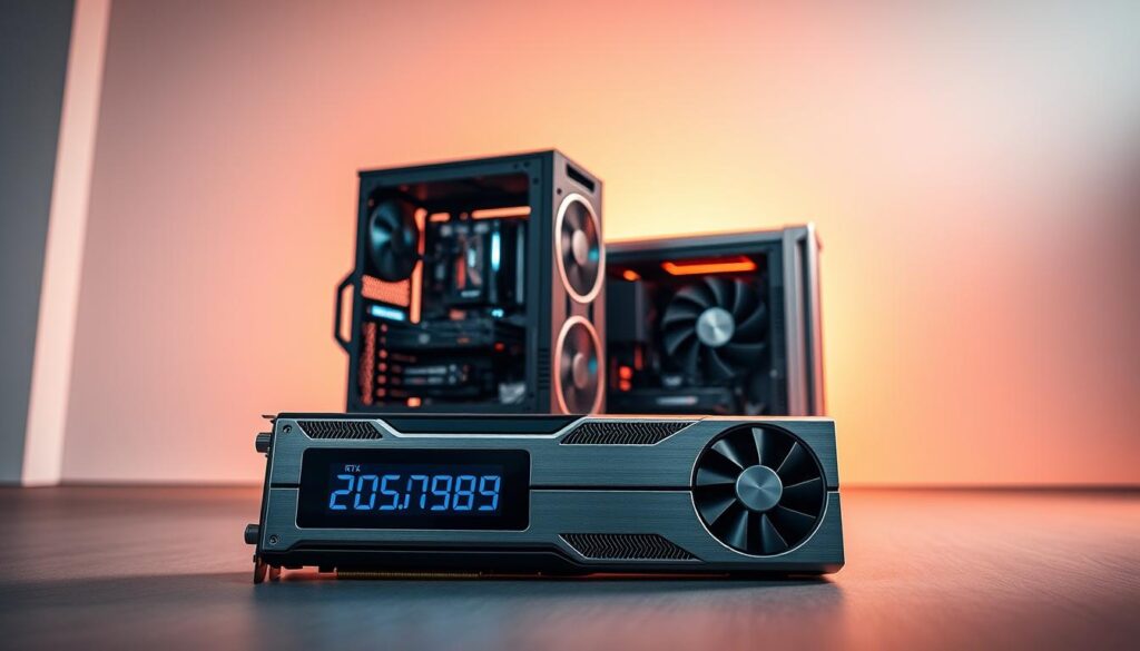 A sleek, metallic "GeForce RTX 5080 Bottleneck Calculator" sits prominently in the foreground, its digital display and intricately designed housing reflecting the studio's warm, directional lighting. In the middle ground, a partially disassembled gaming PC tower reveals its high-end components, highlighting the calculator's purpose of optimizing system performance. The background subtly fades into a minimalist, technology-inspired environment, reinforcing the calculator's role as a precision tool for PC enthusiasts.