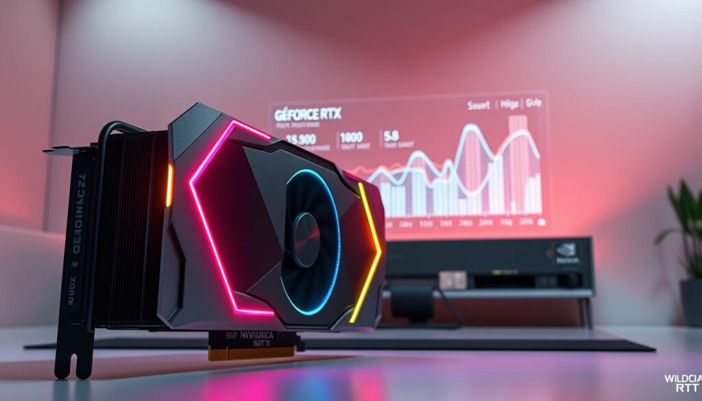 A sleek, metallic NVIDIA GeForce RTX GPU stands in the foreground, its angular design and vibrant RGB lighting casting a warm glow across the scene. In the middle ground, a transparent data visualization pulses with insights, reflecting the GPU's processing power. The background is a minimalist, futuristic workspace, with clean lines and a subtle gradient that reinforces the technological theme. The lighting is a combination of soft, directional illumination and subtle ambient light, creating depth and emphasizing the GPU's sculptural form. The overall mood is one of technological sophistication and analytical prowess, perfectly aligning with the article's subject and section title.