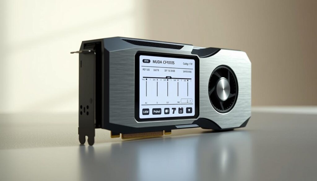 A sleek, metallic RTX 3060 Ti bottleneck calculator, set against a softly lit, minimalist backdrop. The device's housing is a brushed aluminum alloy, with crisp, angular lines and a subtle sheen. The display panel showcases a clean, intuitive interface, with toggles and sliders that invite user interaction. Strategically placed LED indicators provide real-time performance insights. The overall design conveys a sense of precision, functionality, and technological sophistication, perfectly suited for the task of optimizing GPU performance.