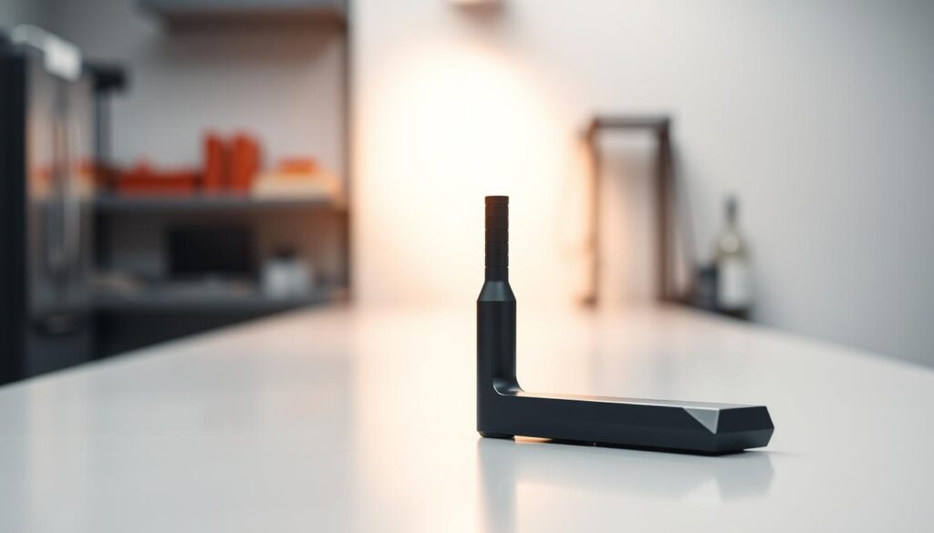 A sleek, metallic bottleneck tool standing prominently on a clean, well-lit workbench. The tool's matte black surface reflects the warm glow of a soft, directional light source, casting dramatic shadows that accentuate its contoured design. The foreground is in sharp focus, while the background blurs into a minimal, almost monochrome setting, drawing the viewer's attention to the tool's elegant, functional form. The mood is one of precision, power, and technological sophistication, perfectly suited to showcase the capabilities of the RTX 5070 GPU and the utility of this specialized performance optimization tool.