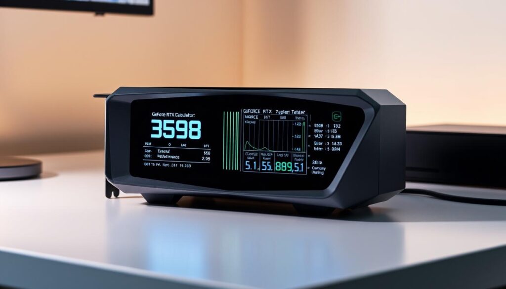 A sleek, metallic device sits on a minimalist desk, its digital display showcasing complex performance metrics. Surrounding it, a soft glow of indirect lighting casts an aura of precision and technical prowess. The device's form is a harmonious blend of sharp edges and curved surfaces, reflecting the calculated efficiency of the "GeForce RTX 5090 Bottleneck Calculator." The scene exudes a sense of technological sophistication, inviting the viewer to explore the nuances of optimizing their gaming setup for maximum performance.