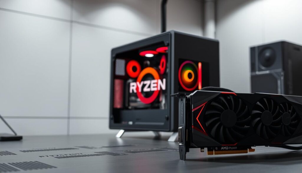 A sleek, modern computer setup with a focus on performance optimization. In the foreground, a high-end AMD Ryzen 3000GE processor and an AMD Radeon R9 Fury graphics card are prominently displayed, surrounded by a minimalist, techno-inspired design. The background features a clean, industrial-style workspace with muted tones and geometric patterns, creating a sense of efficiency and productivity. Soft, directional lighting illuminates the scene, highlighting the hardware components and emphasizing their importance in achieving optimal system performance. The overall mood is one of technical precision, innovation, and a dedication to maximizing the potential of the hardware.