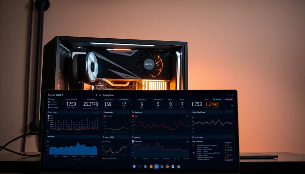 A sleek, modern computer workstation with a 3060 Ti GPU prominently displayed. The system is bathed in a warm, focused light, drawing attention to the GPU's intricate heatsink and fans. In the foreground, a set of performance monitoring tools and graphs fill the display, providing real-time data on CPU, GPU, and memory utilization. The background features a minimalist, industrial-inspired setting, with clean lines and neutral tones that emphasize the technical nature of the scene. The overall composition conveys a sense of control, efficiency, and the power of data-driven optimization.