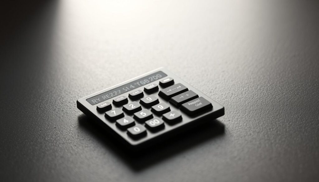 A sleek, modern desktop calculator resting on a textured, grey surface. The calculator's display shows complex mathematical equations and graphs, reflecting its role as a "bottleneck calculator" to determine CPU performance limits. Soft, directional lighting illuminates the device, creating subtle shadows and highlights that emphasize its precision engineering. The background is slightly blurred, keeping the focus on the calculator as the central subject. The overall mood is one of technical sophistication and analytical purpose, suitable for illustrating a section on a Ryzen 5 7600X CPU bottleneck calculator.