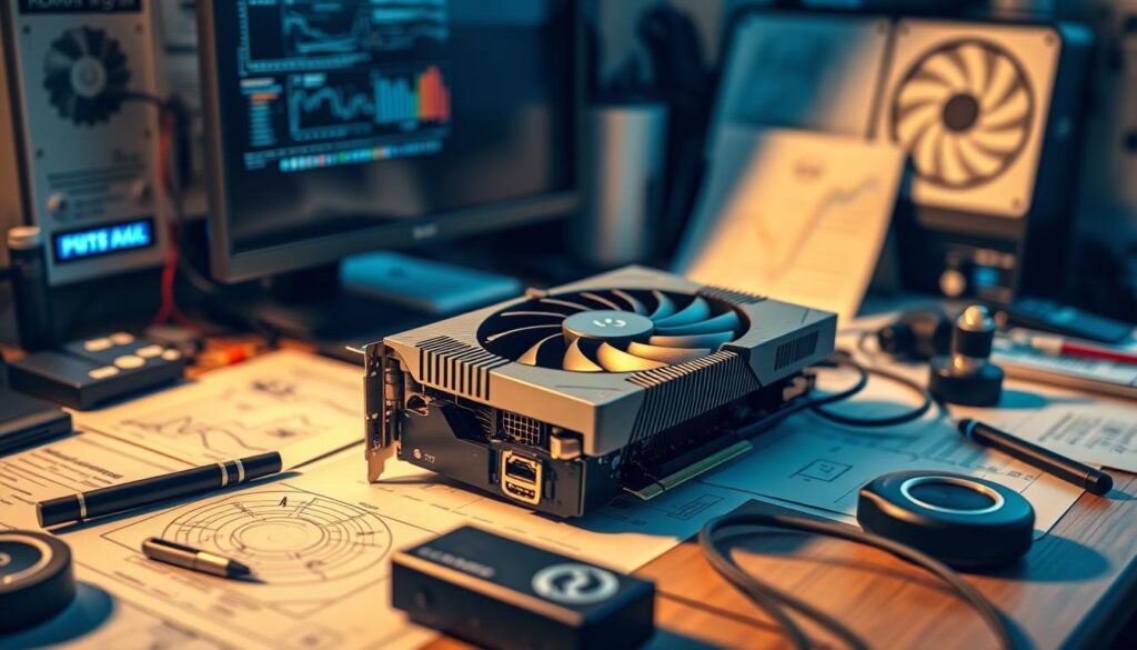 A sleek, modern desktop computer setup with a powerful GPU visible on a cluttered desk. The desk is surrounded by technical diagrams, charts, and other gadgets, creating a busy, productive atmosphere. Soft, warm lighting illuminates the scene, casting shadows and highlights across the various elements. The GPU takes center stage, its intricate heatsink and fans prominently displayed. The background is blurred, hinting at a tech-savvy environment, perhaps an office or workshop. The overall composition conveys a sense of expertise, analysis, and the process of understanding the limits and capabilities of high-performance hardware.