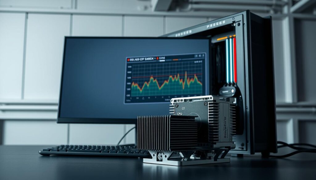 A sleek, modern desktop computer setup with a prominent 5800X3D CPU heatsink in the foreground. The CPU temperature and utilization graphs are displayed on a high-resolution monitor, showcasing the system's performance data. The background features a minimalist, industrial-inspired setting with clean lines and muted tones, creating a professional, technical atmosphere. Soft, directional lighting casts subtle shadows, highlighting the detailed components and emphasizing the importance of the "bottleneck" data. The composition is balanced, drawing the viewer's eye to the critical information displayed on the monitor.