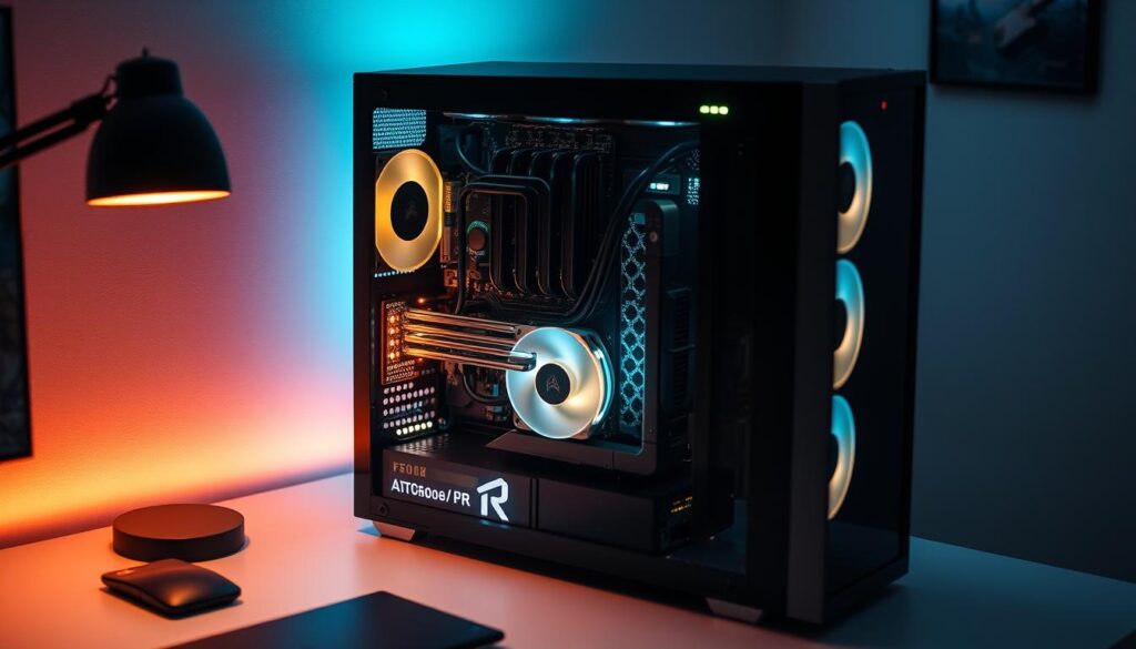 A sleek, modern desktop computer sits atop a clean, minimalist desk, its internals visible through a transparent side panel. Intricate circuit boards, cooling fans, and GPU components glow with a soft, ethereal light, creating an atmospheric ambiance. The scene is captured from an elevated angle, giving a comprehensive view of the system's inner workings. Subtle shadows and highlights accentuate the depth and structure of the components, conveying a sense of technical precision and performance. The overall mood is one of efficiency, optimization, and the power of a well-tuned system.