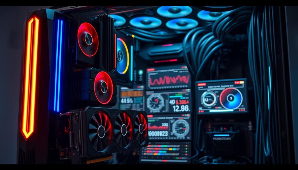 A sleek, ultramodern workstation with a towering array of high-performance components. In the foreground, a state-of-the-art graphics card glows with vibrant LED accents, its heatsinks and fans meticulously crafted. The middle ground features an array of performance monitoring displays, showcasing real-time system metrics in a clean, data-driven interface. In the background, a complex network of cables and cooling pipes weave through the chassis, creating a sense of technological depth and precision. Dramatic lighting casts dramatic shadows, emphasizing the angular, aggressive design. The overall atmosphere conveys a sense of power, control, and the relentless pursuit of optimal system performance.