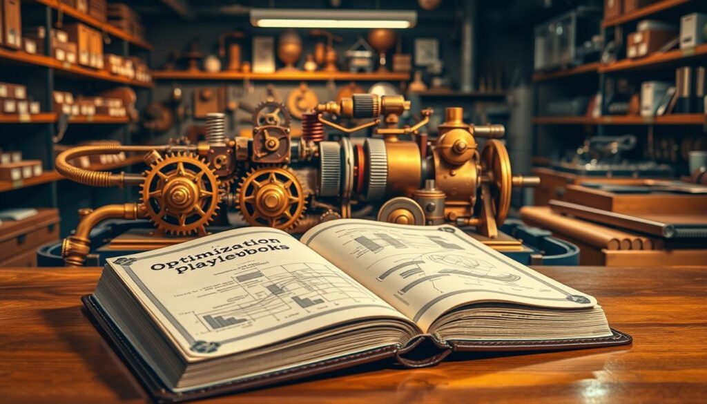 A sophisticated and visually striking image of an "optimization playbook". In the foreground, a leather-bound book with a title embossed in gold, resting on a polished oak table. The book's pages are open, revealing complex technical diagrams and charts. The middle ground features a well-organized array of mechanical components, including gears, springs, and levers, all in a harmonious copper and brass color scheme. In the background, a dimly lit workshop filled with shelves of labeled tools and equipment, casting a warm, industrial glow. The overall scene conveys a sense of deliberate, analytical problem-solving, perfectly suited to illustrate the "Optimization playbooks" section of the article.