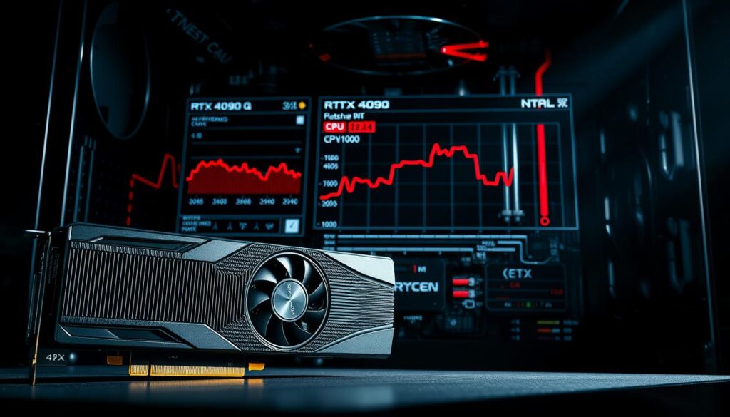 A striking image of a PC component bottleneck analysis. In the foreground, a high-end RTX 4090 graphics card sits prominently, its sleek design and intricate heatsink visible. In the middle ground, a CPU performance monitor displays a clear bottleneck, with certain metrics highlighted in red. The background features a detailed, technical schematic of a computer system, with various components and their interconnections visible. The lighting is sharp and dramatic, casting shadows and highlights that emphasize the technical nature of the scene. The overall mood is one of analytical precision, guiding the viewer towards a deeper understanding of system optimization.