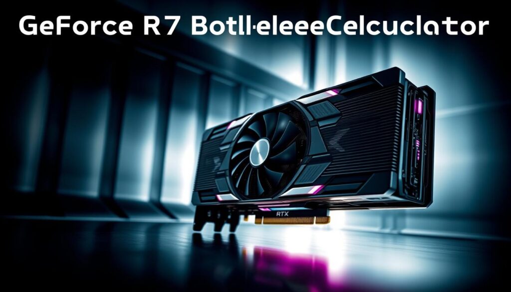 A technologically advanced, visually captivating snapshot showcasing the performance capabilities of the GeForce RTX graphics card. Set against a sleek, metallic backdrop, the GPU takes center stage, its intricate architecture and heat sink design illuminated by dramatic lighting that enhances its futuristic aesthetic. The image exudes a sense of power and precision, conveying the GPU's ability to handle demanding graphics workloads with ease. Subtle details, such as translucent fan blades and a subtle glow from internal components, further emphasize the card's cutting-edge technology. The overall composition and tone embody the essence of the "GeForce RTX Bottleneck Calculator" feature, highlighting the GPU's capacity to push the boundaries of performance.