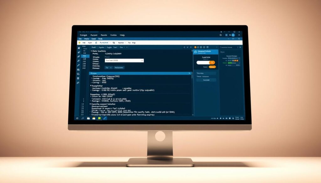 A well-lit studio scene showing a high-resolution 3D render of a desktop computer monitor displaying a 4080 bottleneck calculator interface. The monitor has a sleek, modern design with minimal bezels, and it is positioned on a clean, minimal desk. The scene is illuminated by soft, diffused lighting from above, creating a warm, professional atmosphere. The camera angle is slightly elevated, providing a clear view of the monitor's display. The image should convey a sense of clarity, precision, and user-friendliness, reflecting the step-by-step guidance provided in the article.