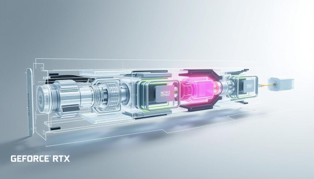 Detailed diagrams displaying the technical accuracy and transparency of the Nvidia GeForce RTX graphics processing pipeline. A sleek, modern aesthetic with a crisp, minimalist design. Precise 3D visualizations of the hardware components and processing stages, rendered in a cool, metallic color palette. Soft, directional lighting illuminates the intricate inner workings, conveying a sense of technical sophistication. The overall composition emphasizes clarity, detail, and the cutting-edge nature of current-generation RTX architecture.