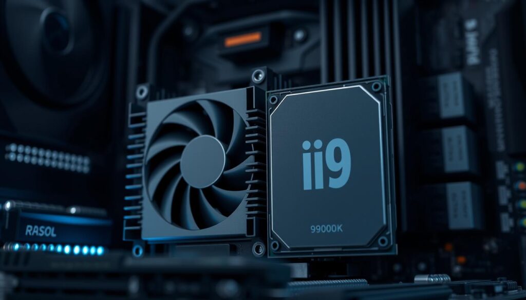 Detailed illustration of a high-performance gaming PC with a Core i9-9900K processor. Prominent foreground focus on the CPU heatsink and fan, showcasing its advanced cooling design. Middle ground features the motherboard and RAM modules, highlighting the system's powerful hardware configuration. Soft, even lighting creates a clean, technical atmosphere, emphasizing the precision engineering. Subtle depth-of-field blur in the background gently accentuates the subject matter. Angle slightly elevated to provide an imposing, authoritative perspective on the CPU's impressive capabilities.