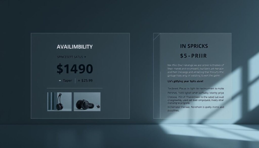 Pricing, availability, and qualifying purchase disclaimers presented in a sleek, modern layout. A semi-transparent grid system frames the key information - product pricing, in-stock status, and fine print details. Muted tones of grays and blues create a sophisticated, professional ambiance. Crisp product images juxtaposed with minimalist typography convey the technical nature of the subject. Dramatic lighting from the side casts subtle shadows, adding depth and dimension. The overall aesthetic is clean, uncluttered, and optimized for easy information consumption.